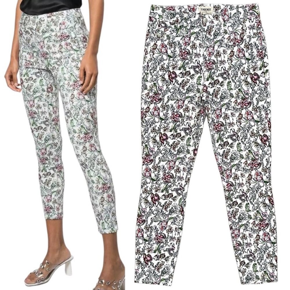 L’agence Margot High Rise Skinny Jeans Pants in Hand Drawn Floral Print Size 27
